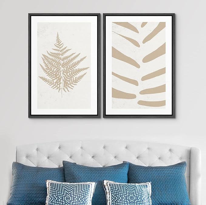 SIGNWIN Framed Canvas Print Wall Art Set Tan White Forest Plant Silhouettes Nature Wilderness Illustrations Modern Art Rustic Closeup Minimal for Living Room, Bedroom, Office - 16"x24"x2 Black