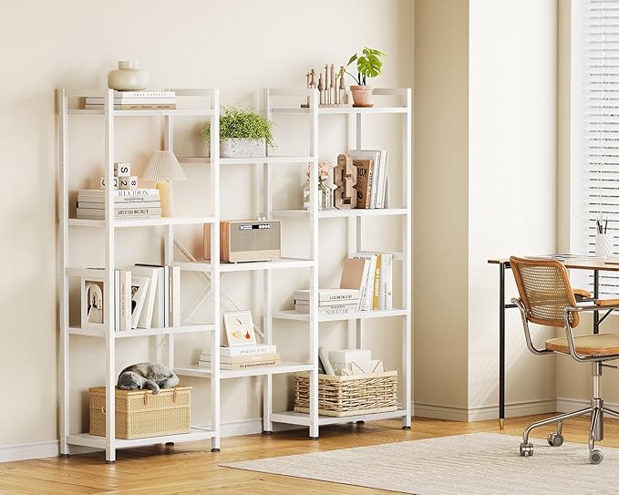 Casaottima Triple 4 Tier Bookshelf, Large Bookcase with 11 Open Display Shelves, Modern Industrial Book Shelves Book Case for Bedroom, Wide Standing Shelving Unit for Living Room Home Office, White