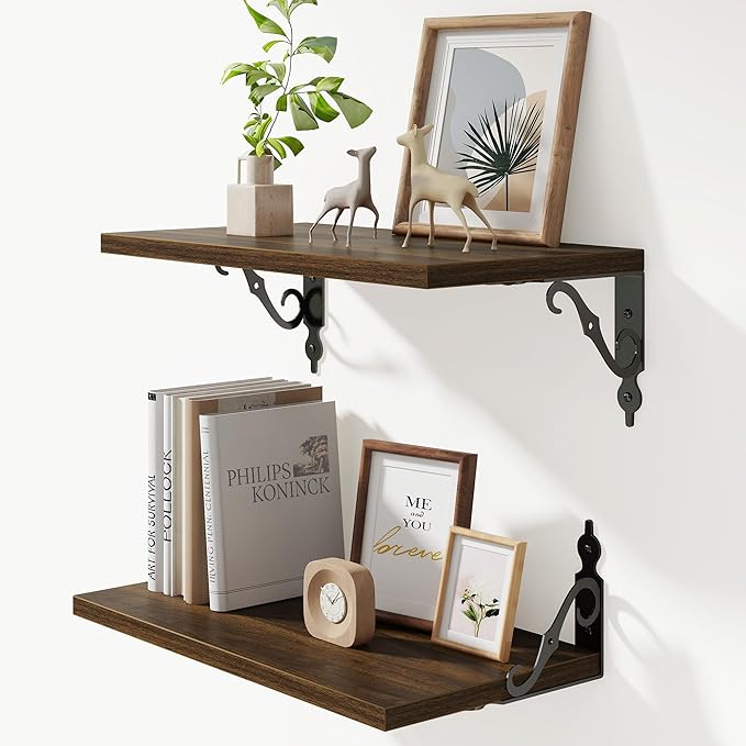 16 Inch Deep Floating Shelves for Wall, 8 Inch Deep Floating Shelf with Bracket, Wall Shelves 16 Inches Long, Wide Display & Storage Shelves for Living Room, Bathroom, Bedroom, Walnut, Set of 2
