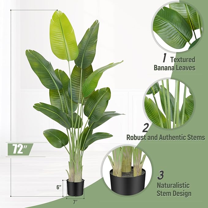Lifelike Bird of Paradise Artificial Plant,6ft Faux Banana Leaf Tree with 13 Trunks - Perfect Indoor Silk Floor Plant for Home Decor in Living Room, Office, and Bedroom 1Pack
