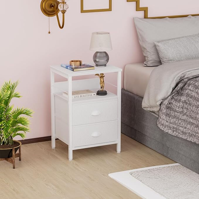 Furologee Nightstand with 2 Fabric Drawers, White Bedside Table with 2-Tier Shelf, Side Table with Hooks and Wood Top for Bedroom/Living Room/Hallway/White