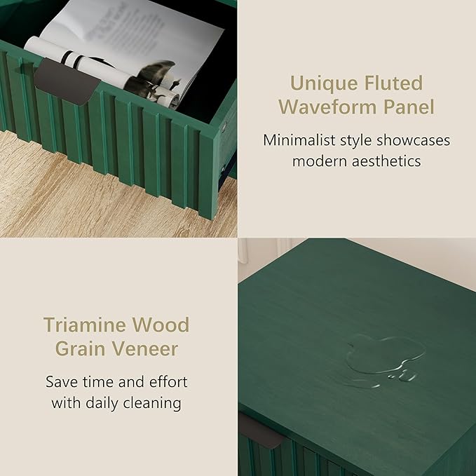 Fluted Nightstand, Natural Wood Nightstand with Drawer and Open Storage, Mid Century Fluted Side Table Modern Bedside Stand with Wood Veneer for Bedroom, Office, Green