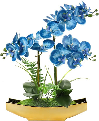 Briful Orchids Artificial Flowers 15" Blue Phalaenopsis Faux Orchid with Gold Pots Fake Orchid Fake Plant for Home Office Bedroom Christmas Table Wedding Party Decor