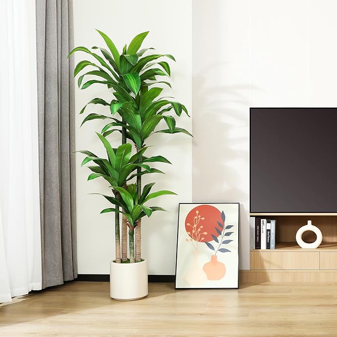 Artificial Dracaena Tree 6ft, Tall Fake Dracaena Plants with White Planter, Faux Dragon Tree Indoor Floor Plant for Home Decor Office Living Room Porch Housewarming, 1Pcs