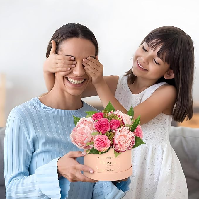 Hollyone Pink Peonies Roses Artificial Flowers in Vase Round Gift Boxes with Fake Flowers Arrangements Faux Flowers Floral in Box Vase for Her Mothers' Day Valentine's Day Christmas Birthday Gift
