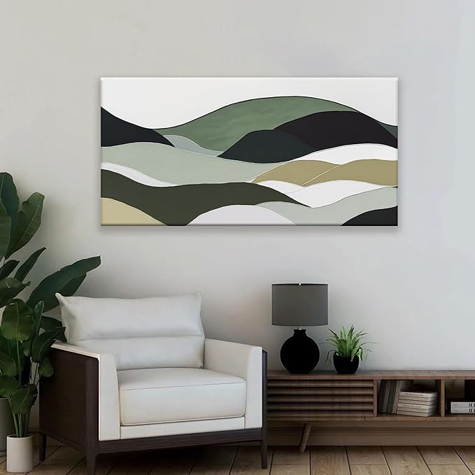 TAIJXAGSG Abstract Wall Art For Living Room Modern Canvas Art Wall Decor Green Wall Art Bedroom Office Decor Abstract White Wall Art Painting Ready To Hang Wall Irregular Shapes Pictures 24 × 48 In