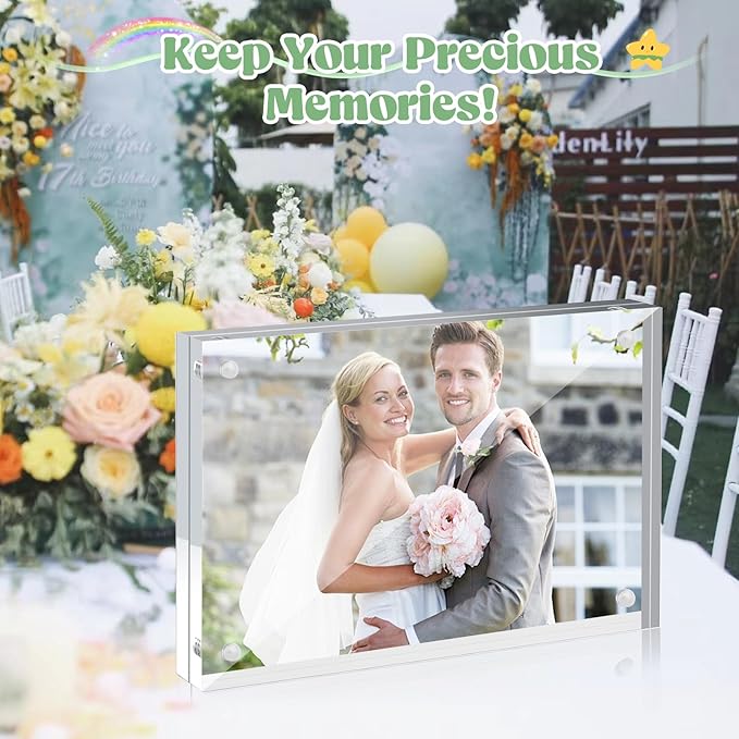 24 Pcs Acrylic Picture Frames, Clear Picture Frames Frameless Magnetic Picture Frame Double Sided Magnetic Photo Frame Free Standing Desktop Display Stand for Bedroom Living Room Home (Transparent, 4X6)