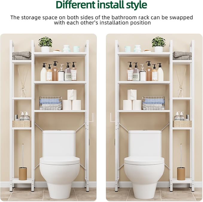 OTK Over The Toilet Storage with 7-Tier Bathroom Organizer Shelf, Freestanding Space Saver with Hooks & Adjustable Feet, Storage Rack for Bathroom, Restroom, Laundry, White