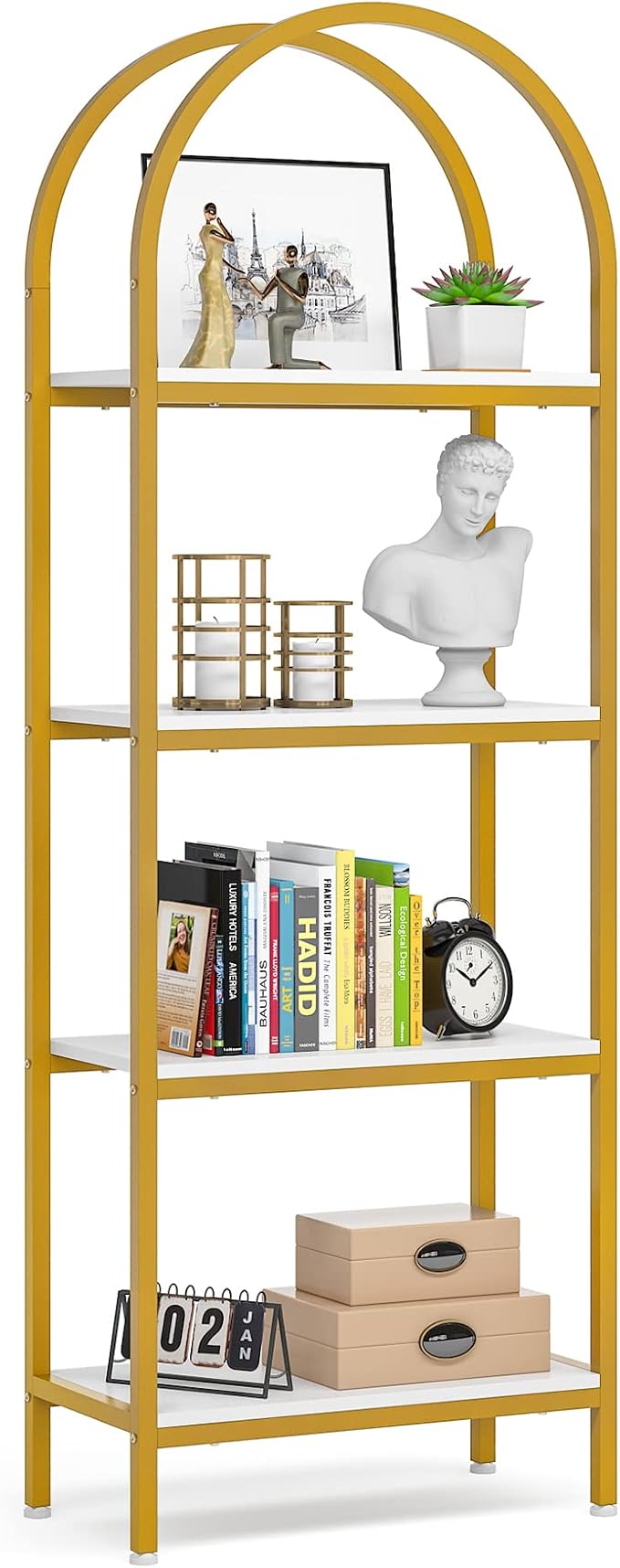 Tribesigns 4-Tier Open Bookshelf, 70.8" Modern Wood Bookcase Storage Shelves with Metal Frame, Freestanding Display Rack Tall Shelving Unit for Office, Bedroom, Living Room (White & Gold, 1PC)