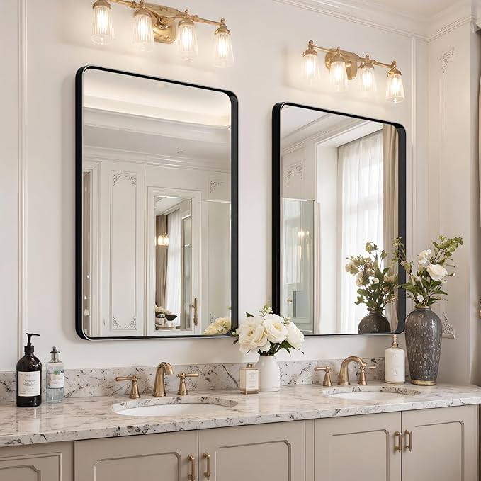 32x24 Bathroom Vanity Mirror for Wall, Aluminum Framed, Farmhouse Rectangle, Anti-Rust, HD Reflection Anti-Desilvering, Distortion Free, Tempered and Shatter-Proof Wall Mounted Mirror, Black