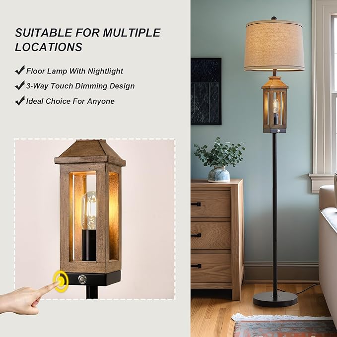 63" Farmhouse Floor Lamps for Living Room Bedside Nightstand Lamp Black Tall Standing Lamp for Home Decor Bedroom Reading Wood Lamp Rustic Bed Lights with 2 Light Sources