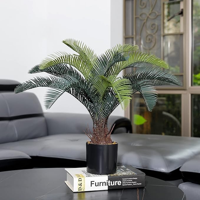 ALLTOP TURF Nearly Natural 20" Artificial Cycas Plant(18 Leaves) Fake Revoluta Sago Palm Tree for Indoor Home Garden Office Store Floor Decoration, with Black Pot