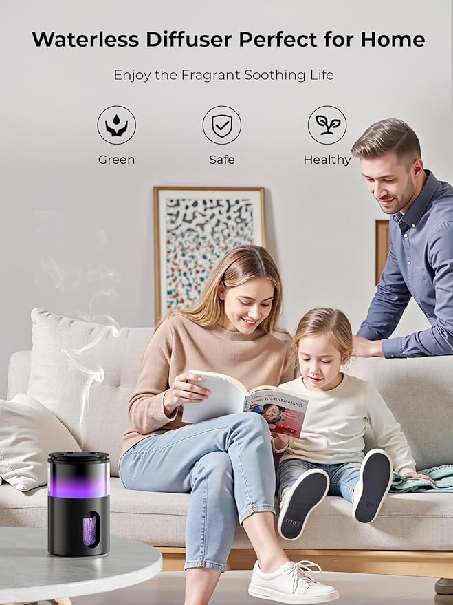 Waterless Essential Oil Diffuser: Battery Mini Scent Diffusers for Home&Car with 8 Color LED Night Light — Cool Mist Aroma Machine Deep Black