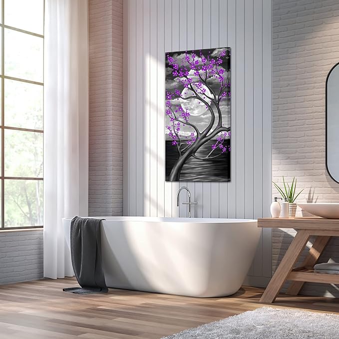 KREATIVE ARTS Purple Flower Tree Wall Art for Bedroom Cherry Blossom Tree in Full Moon Night Landscape Canvas Prints Artwork for Home Wall Decoration Ready to Hang Vertical 20x40inch (Purple)