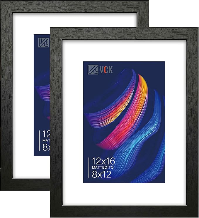 VCK 12×16 Picture Frame Black Set of 2 for Display Picture 8x12 with Mat or 12×16 without Mat Poster Frame Made of MDF Wood and Tempered Glass Black