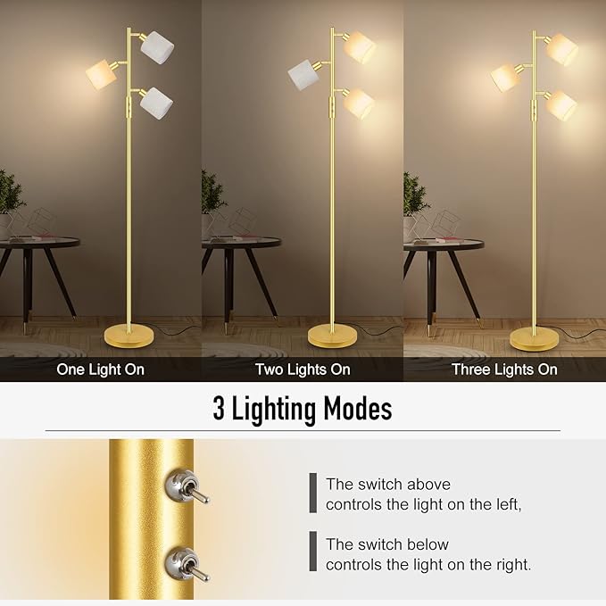 Gold Floor Lamps for Living Room, 3 Color Temperature, 3 Light Tree Standing Lamp, Minimalist Corner Floor Lamp with Lamp Shades Modern Pole Lamp for Bedroom Office Kids Room, Reading (5W LED Bulbs)