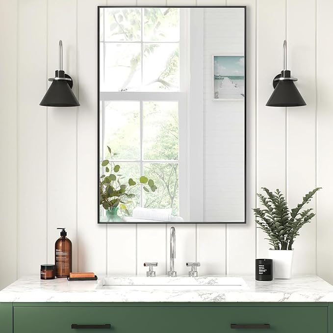 30x36 Inch Black Bathroom Mirror, Copper-Free Mirror, Aluminum Alloy Frame Vanity Rectangle Wall Mounted Modern Mirror for Bedroom/Living Room/Porch Horizontal or Vertical