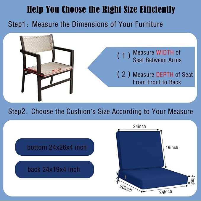 idee-home Outdoor Cushions for Patio Furniture, Outdoor Seat Cushion, Waterproof Couch Hampton Bay Deep Seat Replacement Chair Cushions for Garden Lawn Backyard Deck, 24 x 26 Navy Bue