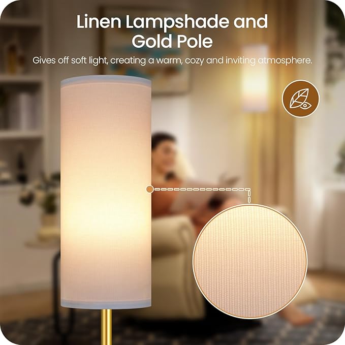 Dimmable Floor Lamp for Living Room with Remote and Foot Switch, Corner Floor Lamp, 66'' Standing Tall Lamp, 10W 900LM LED Bulb Included, 3000K-6500K, Linen Shade, Gold White, FCC Listed DCW06LD05W1