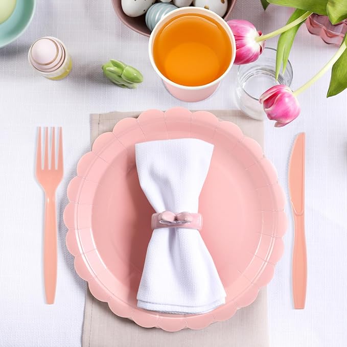 350 Pcs Light Pink Plates and Napkins, 50 Guest Spring Party Supplies Include Scalloped Paper Plates Napkins Cups Plastic Spoons Forks Knives Disposable Tableware Set for Baby Shower