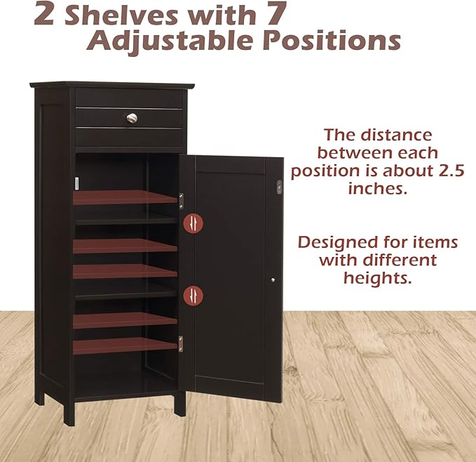 GLACER Floor Storage Cabinet, Multifunctional Freestanding Bathroom Storage Cabinet with 2 Adjustable Shelves, Ideal for Bathroom, Living Room, 14 x 12 x 34.5 inches (Brown)