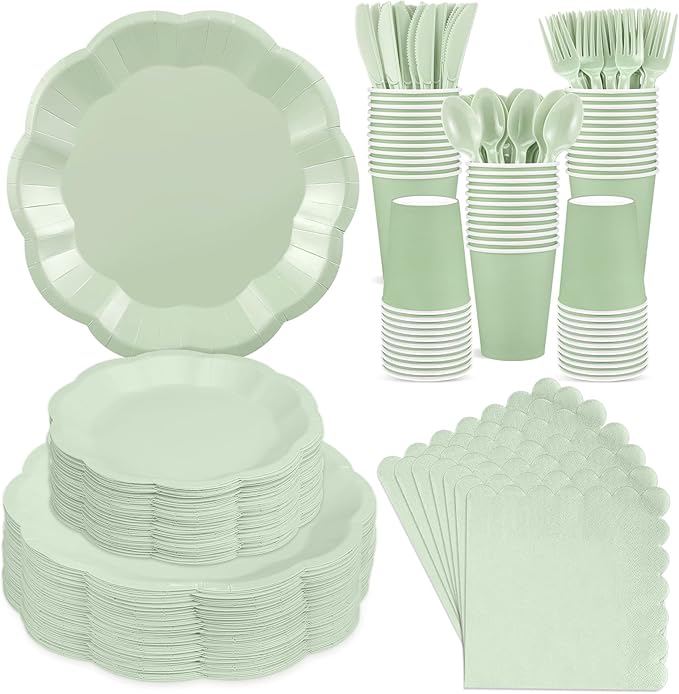 350 Pcs Sage Green Party Supplies Include Scalloped Plate Napkin Cup Forks Knives, Plastic Cutlery 50 Guest Disposable Party Tableware Set for Wedding Baby Shower Bridal Shower Birthday Parties