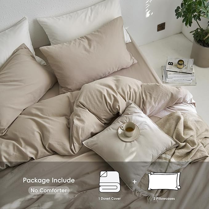 MooMee Queen Duvet Cover Set, 100% Washed Cotton Linen Like Twill Thick Sturdy Material Super Soft Breathable Durable Bedding for All Season, 3 Pieces (Tannish Linen LikeGrey, Queen 90"x90")
