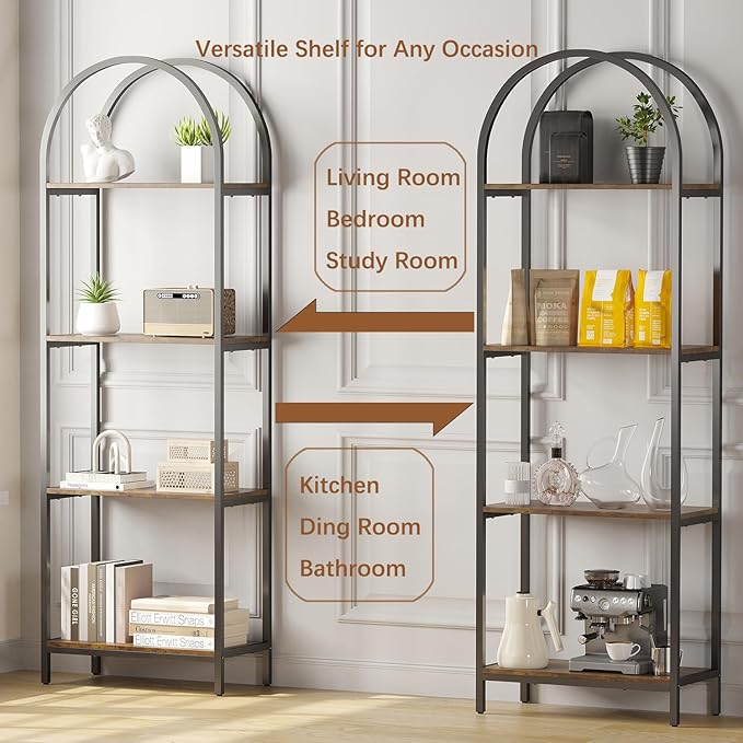 Bookshelf Arched Bookcase, Industrial Curved Metal Book Shelves, 72" Tall Freestanding Open Storage Shelf Display Rack for Living Room Home Office, Rustic Brown, 4-Tier