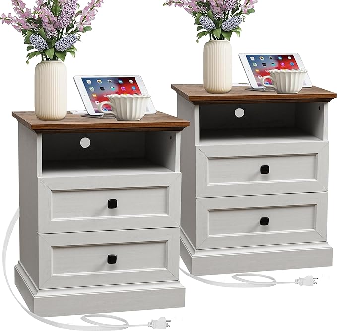 Night Stand Set 2 with Charging Station, Bedside Table with 2 Drawers Storage and Open Shelf, Wood Farmhouse Nightstands with Outlets for Bedroom Office, White