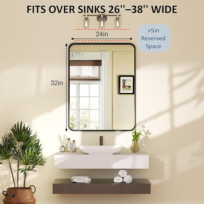 24×32 Bathroom Vanity Mirrors for Over Sink - Rectangle Mirrors for Wall with Rounded Corners & Aluminum Frame, Tempered-Glass, Modern, Farmhouse, Horizontal/Vertical, Bedroom, Entryway