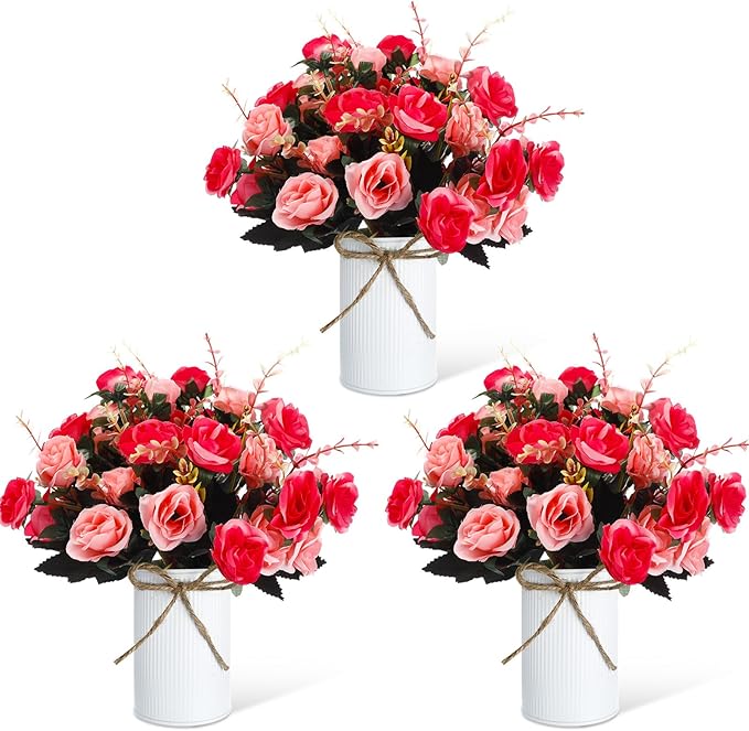 Domensi 3 Sets Wedding Centerpiece for Table Artificial Rose with Vase Fake Bouquets and Metal Pot Floral Arrangements for Holiday Party Event Table Decor (Rose Red)
