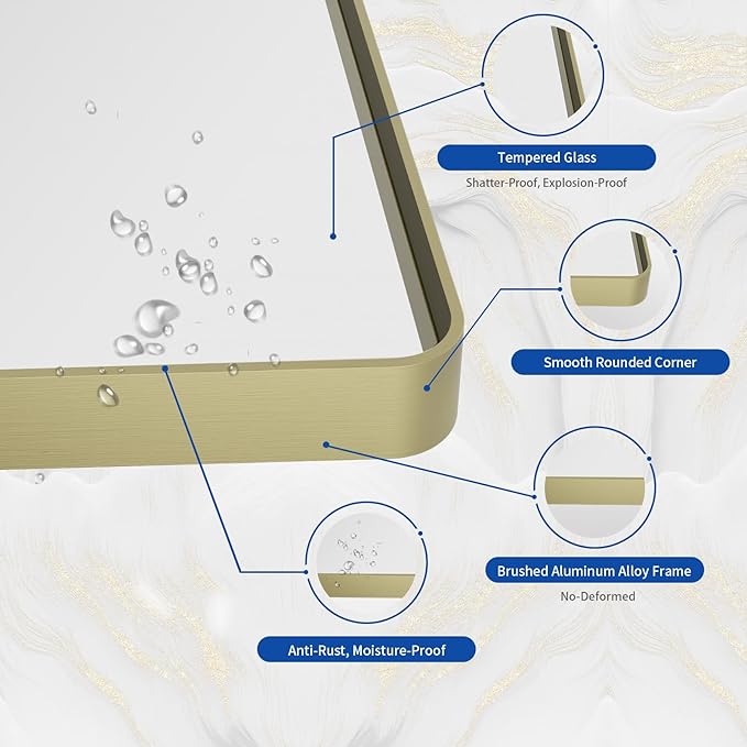 WEER Gold Bathroom Mirror, 48X30 Inch Brushed Gold Metal Frame Mirror, Rounded Rectangle Gold Bathroom Vanity Mirror for Wall, Tempered Glass, Anti-Rust, Hangs Horizontally or Vertically