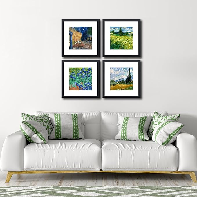 12x12 Picture Frame Set of 4 Made of Solid Wood Photo Frame with Real Glass for Pictures 8x8 with Mat or 12x12 Without Mat,Wall Mount or Tabletop Gallery Photo Frames in Black