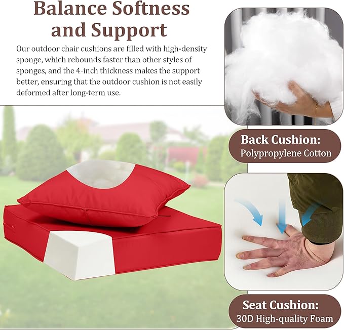 Waterproof Outdoor Chair Cushion Set of 4, 24x24x5 IN Deep Seat Patio Cushions with Fade Resistant Removable Cover,Outdoor Cushions for Patio Furniture with Ties&Handle for Chair Sofa Couch,Red