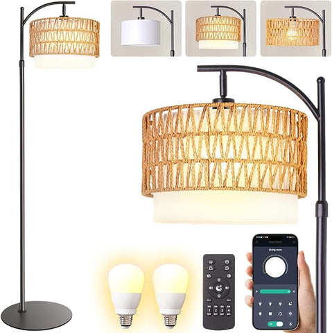 Bohemian Rattan Floor Lamp for Living Room - Black Arc Design, 12W LED (1 in use + 1 Spare), Remote & Dimmable 3 - Color Temp, Tall Standing Lamp