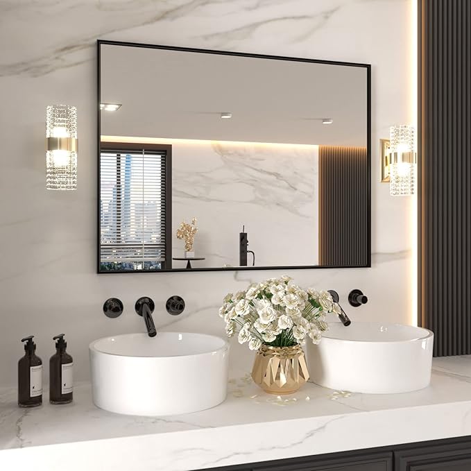 LOAAO 48"X36" Black Rectangle Bathroom Mirror Wall, Matte Black Aluminum Alloy Frame, Tempered Glass, Hangs Vertically or Horizontally, Easy to Install