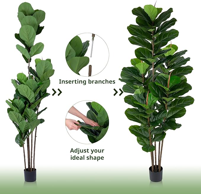 Faux Fiddle Leaf Fig Tree 6 FT - Artificial Ficus Tree with Tall Artificial Plants 69 Fiddle Leaves Greenery - Lifelike Fake Tree for Home Decor Living Room Indoor Outdoor