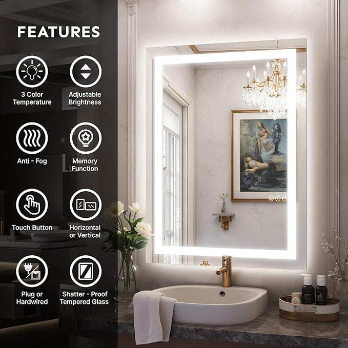 24x32 LED Bathroom Mirror with Lights – Anti-Fog, Dimmable, Backlit & Front Lit Lighted Vanity Mirror for Wall – Smart Bathroom Mirror with Memory Function, Shatterproof Tempered Glass