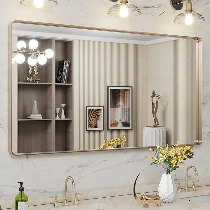 LOAAO 55”X30” Gold Bathroom Mirror, Rounded Rectangle Gold Frame Mirror, Brushed Gold Bathroom Vanity Mirror Wall-Mounted, Anti-Rust, Tempered Glass, Hangs Horizontally or Vertically