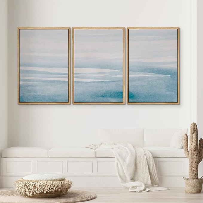 SIGNWIN 3 Piece Framed Canvas Wall Art Blue Sky Watercolor Nature Wilderness Illustrations Abstract Traditional Relax/Calm Home Artwork Decoration for Living Room,Bedroom - 24"x36"x3 Natural