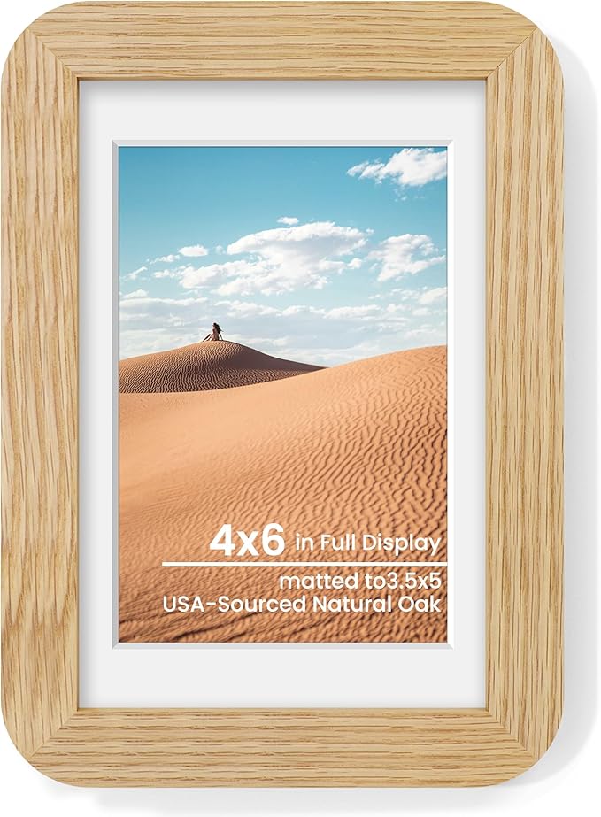 4x6 Round Corner Picture Frame, Solid Oak Wood Photo Frame With Mat For 3.5x5, Shatterproof Plexiglass Includes Hanging Hardware For Wall Hanging Or Tabletop Display Frame, Natural Oak, 1 Pack