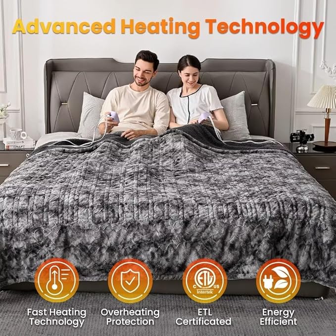 WOOMER Heated Blanket Queen Size, Dual Control, Electric Blanket 84"x 90", Double-Sided Faux Fur&Sherpa, Overheat Protection, 10 Heating Levels & 12H Auto Off, CPF, Home Office