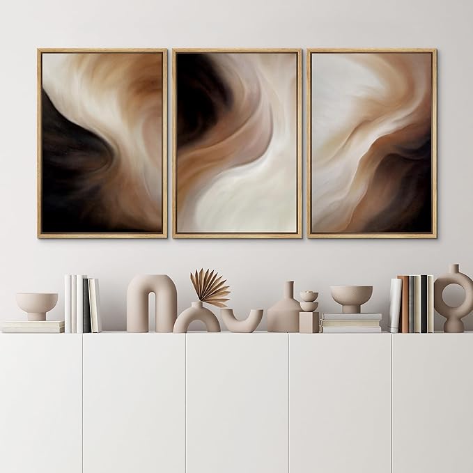 MUDECOR Framed Canvas Print Wall Art Abstract Neutral Brown and Beige Fluid Illustrations Realism Decorative for Living Room, Bedroom, Office - 16"x24"x3 Natural