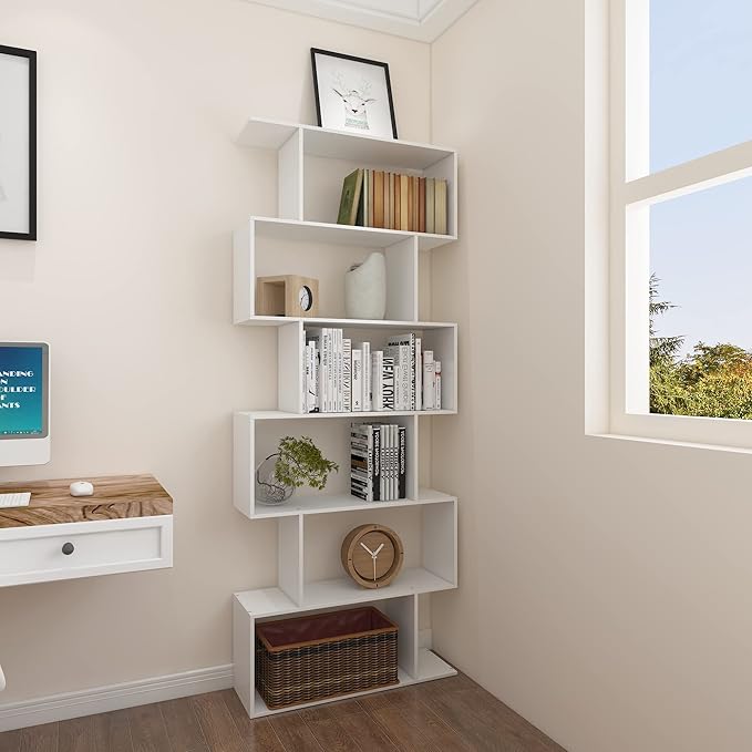 Yusong S Shaped Bookshelf, Modern Geometric Bookcase, 6-Tier White Display Case Book Shelf