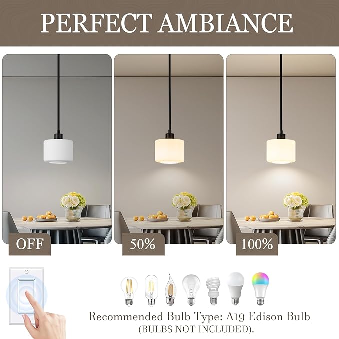 Milk Glass Pendant Lights Kitchen Island, 1-Light Modern Black Hanging Light Fixtures with Rods, Mini Kitchen Pendant Lighting Over Island for Sink Bathroom, OS-YQ8153-1PBK