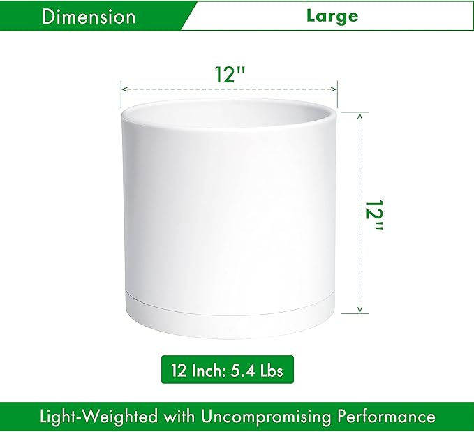 D'vine Dev 12 Inch Plastic Planter Pots for Plant Pot with Drainage Hole and Seamless Saucers, White Color, 74-X-A-3