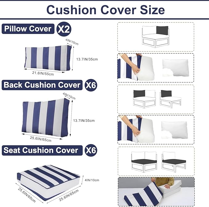 Outdoor Furniture Replacement Cushions, 14 Pcs Water-Resistant Replacement Sofa Cushion for Patio Garden Porch (Liner&Cover,Only Cushion No Sofa) (Blue & White Stripes)