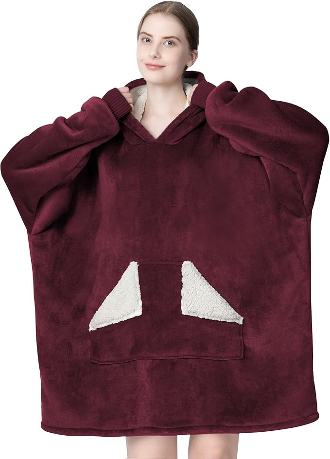 Touchat Wearable Blanket Hoodie, Oversized Sherpa Blanket Sweatshirt with Hood Pocket and Sleeves, Super Soft Warm Comfy Plush Hooded Blanket for Adult Women Men, One Size Fits All (Wine)