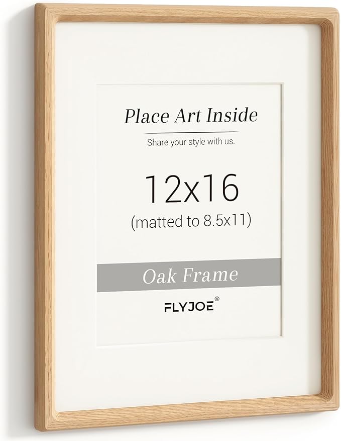 12x16 Picture Frame, USA-Sourced Natural Oak Wood Photo Frame with Tempered Glass, Handcrafted Rounded Corner 12 x 16 Wooden Frame Matted to 8.5x11 Photos, Horizontal or Vertical Wall Mounting