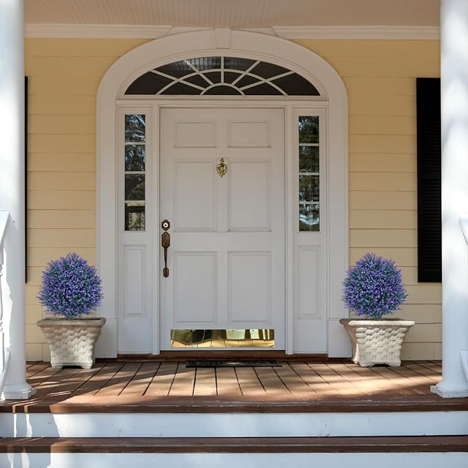 23.6'' Faux Lavender Topiaries Set of 2 with Ground Spikes for Spring Front Porch Decor, Fake Bushes UV Resistant, Artificial Shrubs Outdoor Plants Fake Evergreen Tree for Outdoor Garden